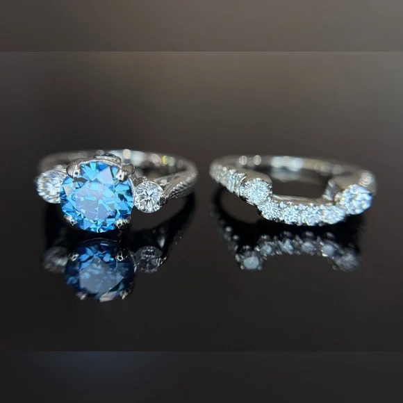 2.55 ctw Old European Cut Blue Lab and Natural Diamond Wedding Set - Picture 6 of 17